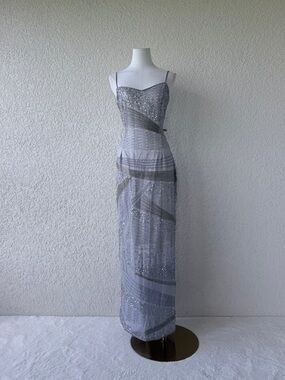 Silver Beaded Spaghetti-Strap Evening Gown